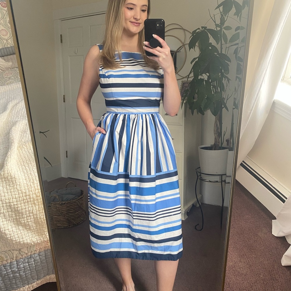 Vince Camuto Navy and White Striped Midi Dress